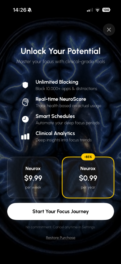 Neurox App Upgrade Screen